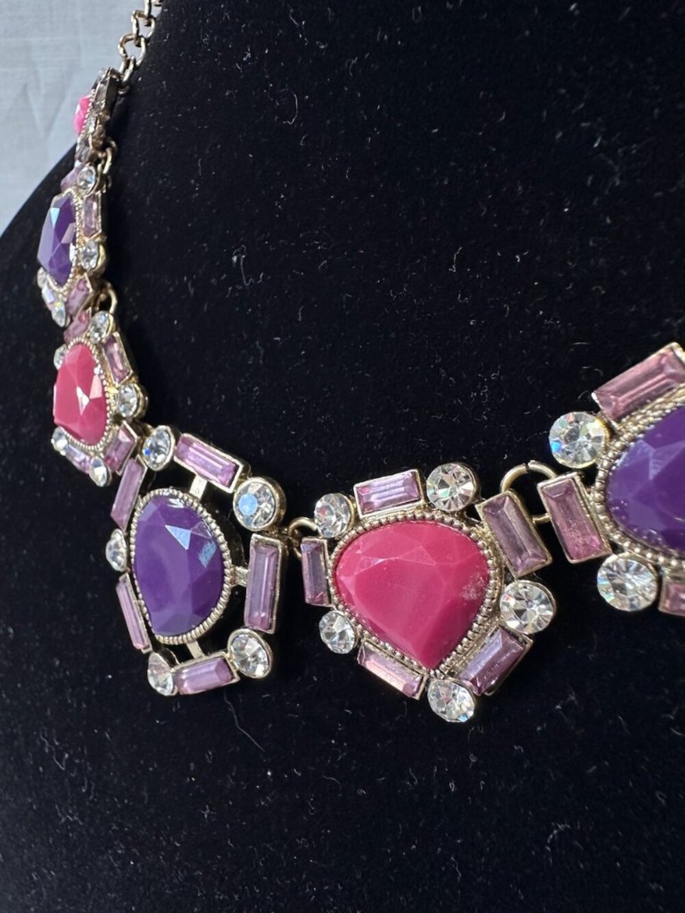 Pink Purple and Rhinestone Statement Necklace - Picture 4 of 13